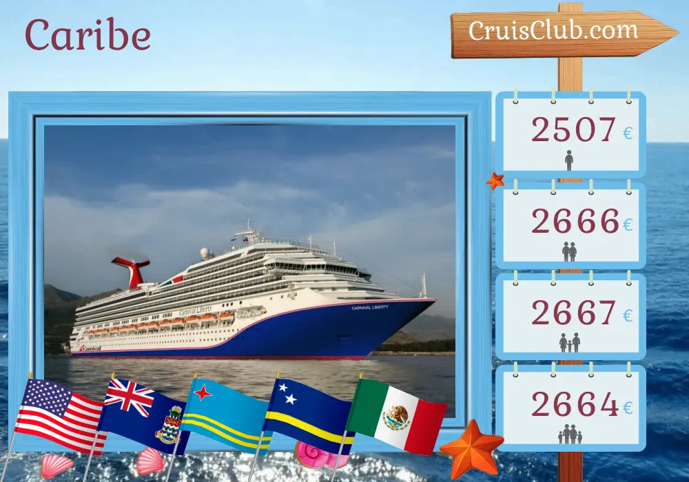 Cruzeiro no Caribe saindo de Nova Orleans a bordo do navio Carnival Liberty com visitas aos Estados Unidos, Ilhas Cayman, Aruba, Curaçao, Colômbia, Panamá e México por 15 dias