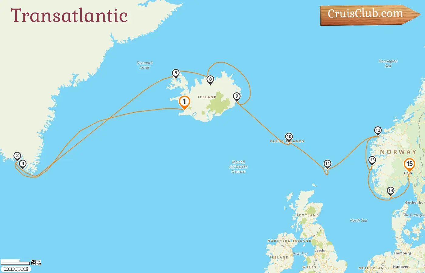 Cruise in the Transatlantic from Reykjavik to Oslo aboard Norwegian Star ship with visits to Iceland, Greenland, Faroe Islands, and Norway for 15 days