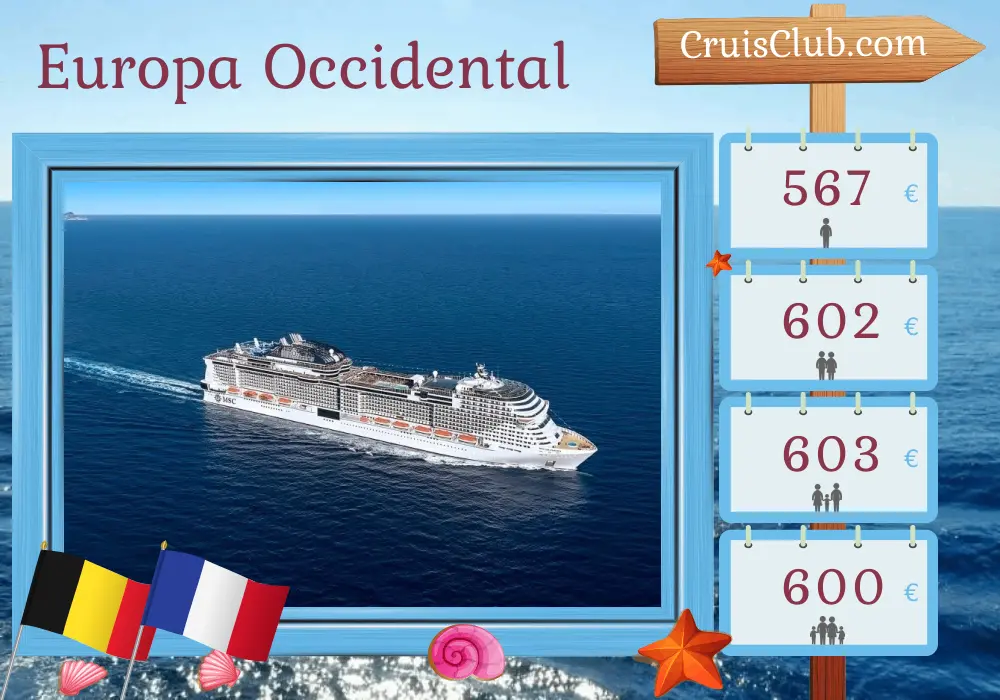 Crucero por Europa Occidental desde Southampton a bordo del MSC Virtuosa con visitas a Bélgica y Francia por 4 días