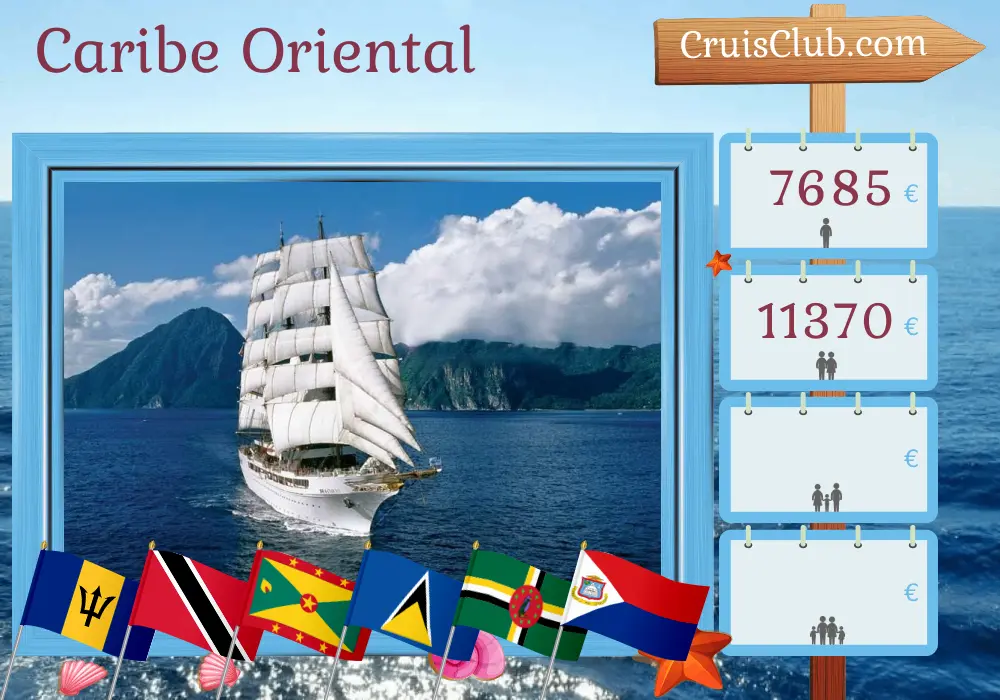 Crucero por el este del Caribe desde Bridgetown hasta Philipsburg a bordo del barco Sea Cloud II, con visitas a Barbados, Trinidad y Tobago, Granada, San Vicente y las Granadinas, Santa Lucía, Dominica y San Bartolomé durante 11 días