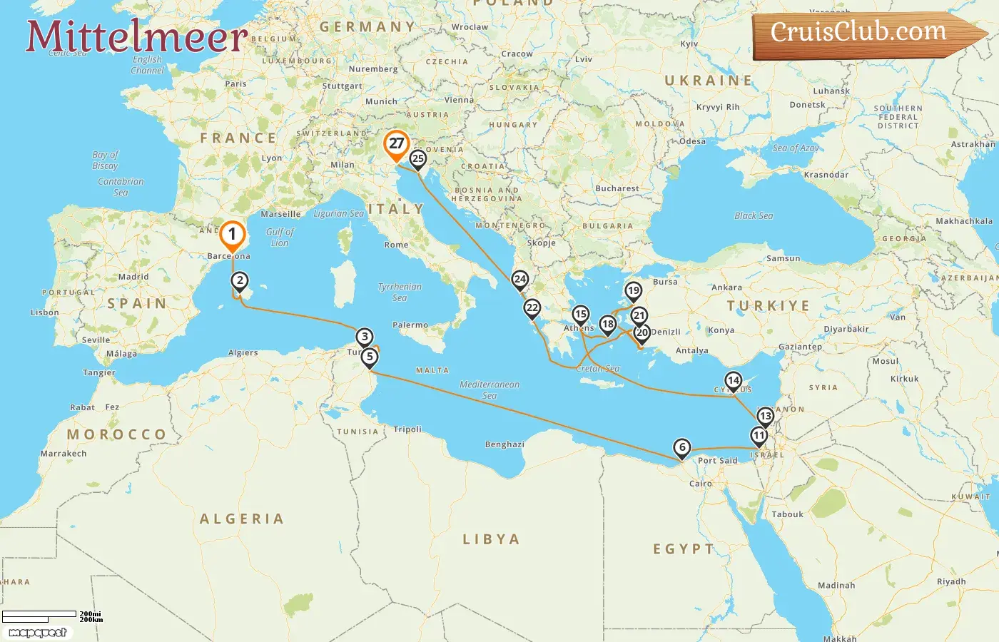 Kreuzfahrt im Mittelmeer von Barcelona nach Venedig an Bord des Schiffes Seabourn Quest mit Besuchen in Spanien, Tunesien, Ägypten, Israel, Zypern, Griechenland, der Türkei, Kroatien und Italien für 27 Tage