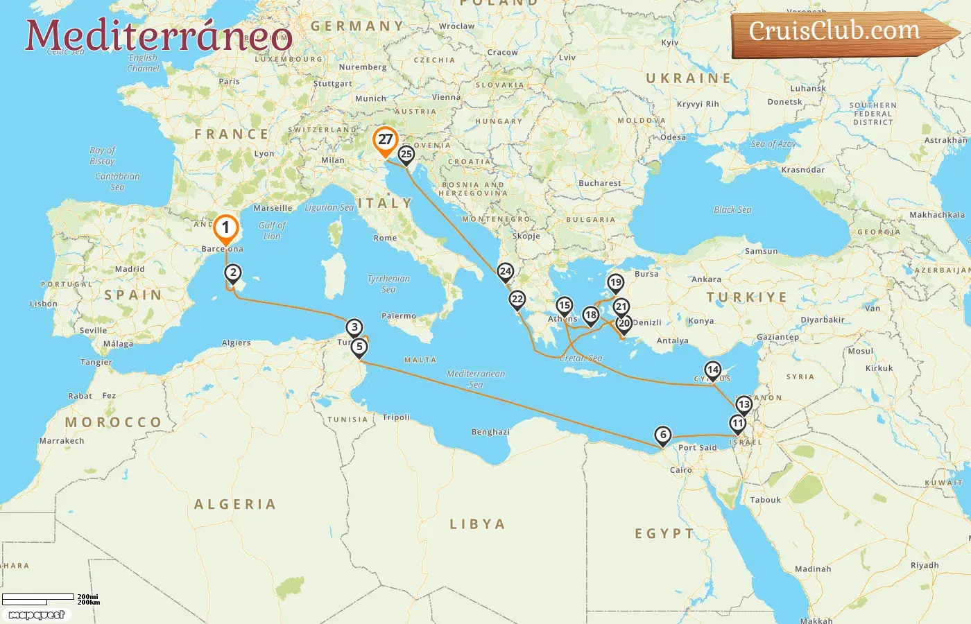 Crucero en el Mediterráneo de Barcelona a Venecia a bordo del barco Seabourn Quest con visitas a España, Túnez, Egipto, Israel, Chipre, Grecia, Turquía, Croacia e Italia durante 27 días