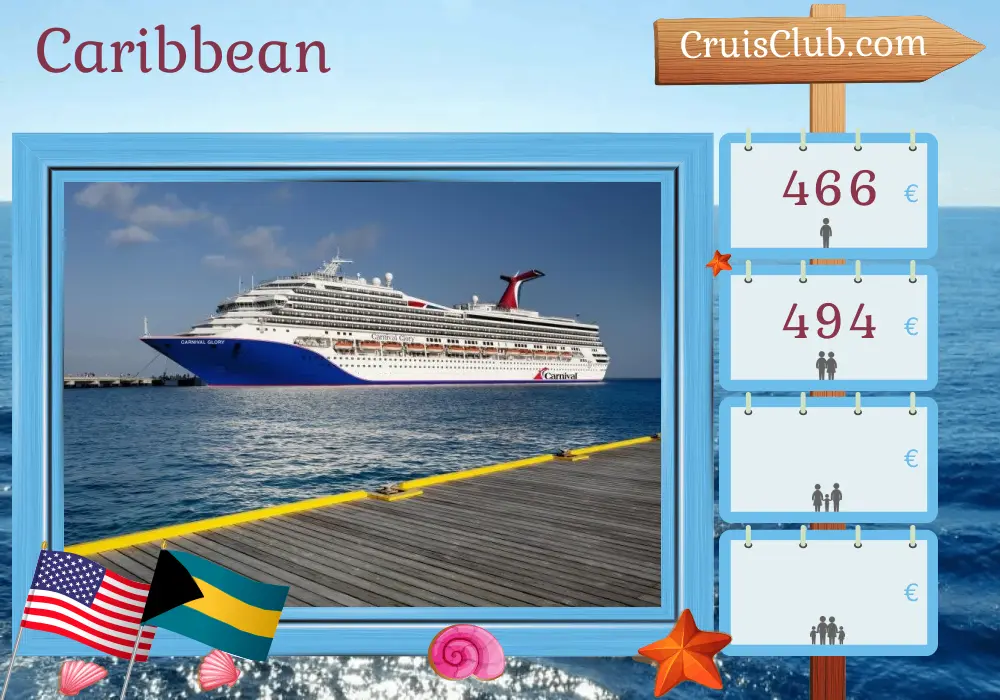 Cruise in the Caribbean from Port Canaveral / Orlando aboard Carnival Glory ship with visits to USA and Bahamas for 5 days