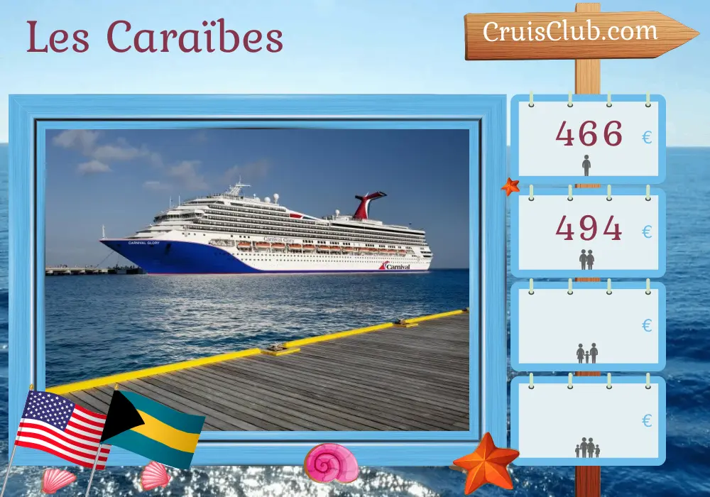 Croisière dans les Caraïbes au départ de Port Canaveral / Orlando à bord du navire Carnival Glory avec escales aux États-Unis et aux Bahamas pendant 5 jours