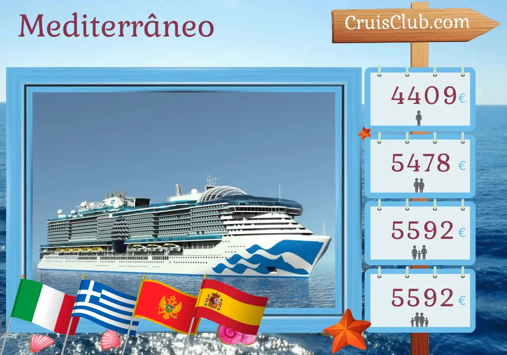 Cruzeiro no Mediterrâneo de Civitavecchia a Barcelona a bordo do navio Sun Princess com visitas à Itália, Grécia, Turquia, Montenegro e Espanha por 15 dias