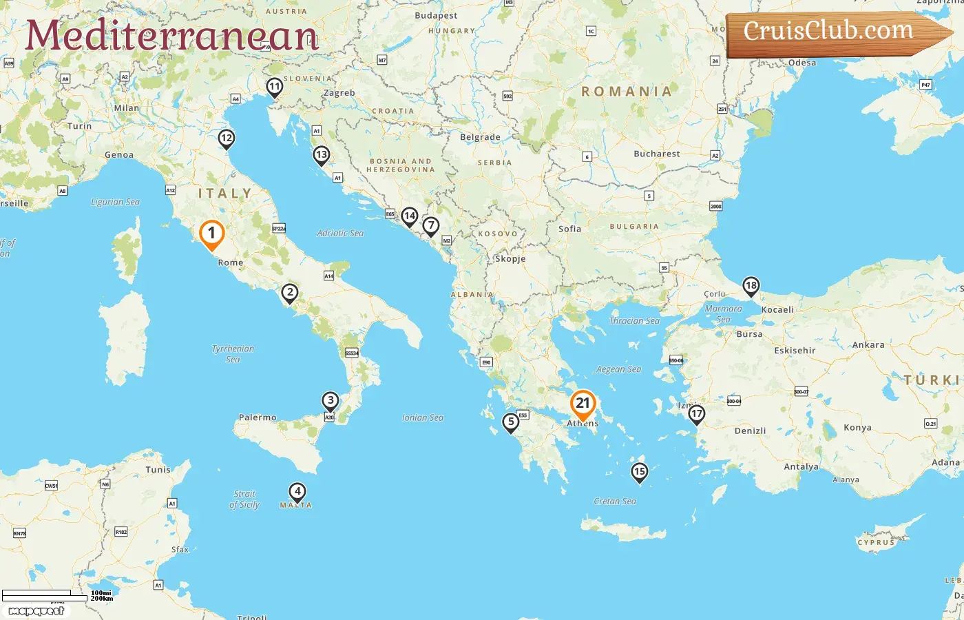 Cruise in the Mediterranean from Civitavecchia to Piraeus aboard Island Princess ship with visits to Italy, Malta, Greece, Montenegro, Croatia, and Turkey for 21 days