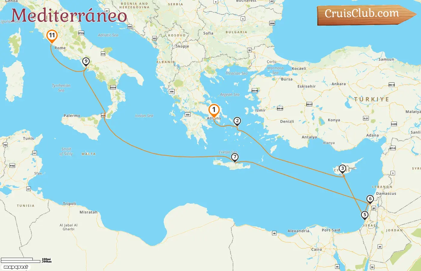 Crucero en el Mediterráneo de Piraeus a Civitavecchia a bordo del barco Island Princess con visitas a Grecia, Chipre, Israel e Italia durante 11 días