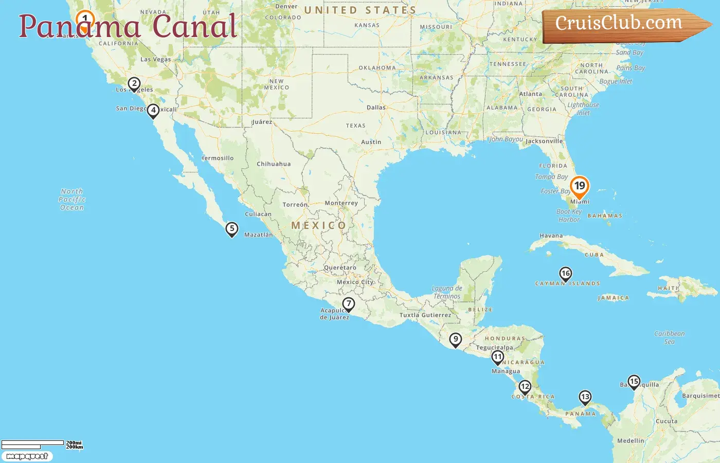 Cruise in the Panama Canal from San Francisco to Miami aboard Seven Seas Mariner ship with visits to USA, Mexico, Guatemala, Nicaragua, Costa Rica, Panama, Colombia, and Cayman Islands for 19 days