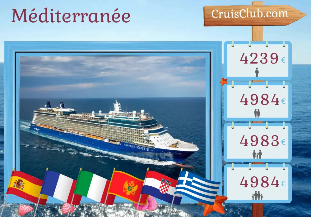 Croisière en Méditerranée de Barcelone à Le Pirée à bord du navire Celebrity Silhouette avec des visites en Espagne, en France, en Italie, au Monténégro, en Croatie et en Grèce pendant 12 jours