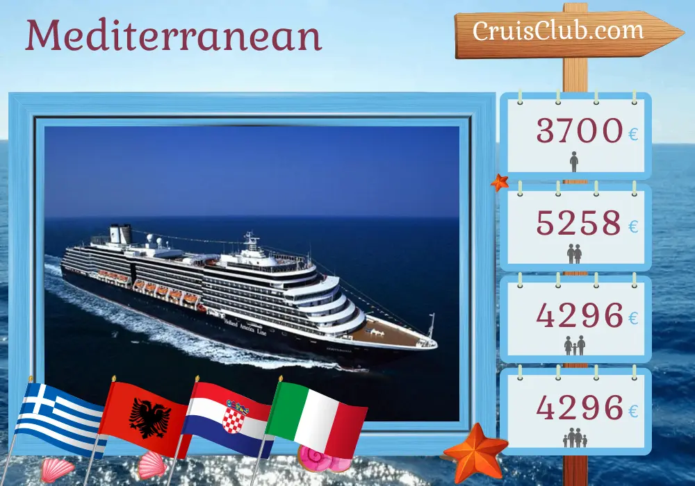 Cruise in the Mediterranean from Piraeus to Trieste aboard Oosterdam ship with visits to Greece, Turkey, Albania, Croatia, and Italy for 13 days