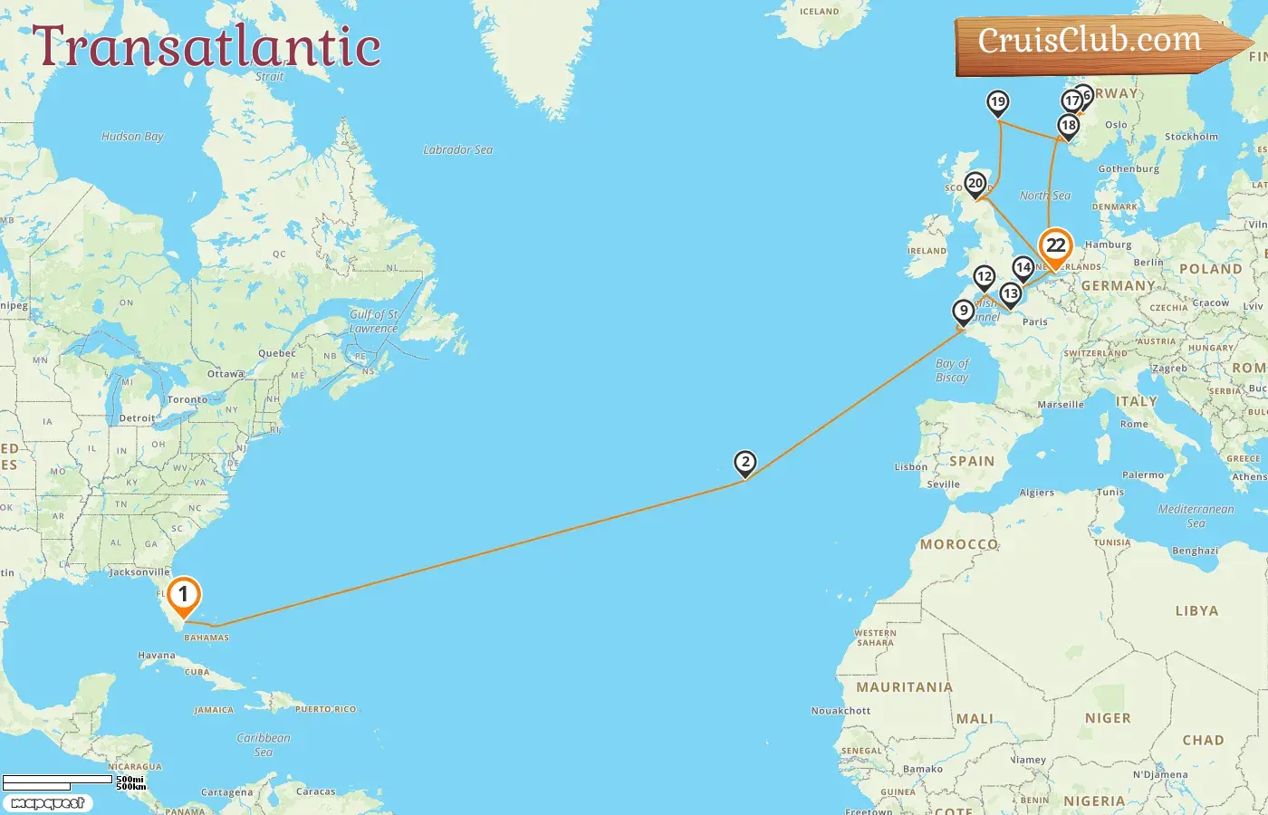 Cruise in the Transatlantic from Fort Lauderdale to Rotterdam aboard Rotterdam ship with visits to USA, Portugal, France, Netherlands, and Norway for 22 days