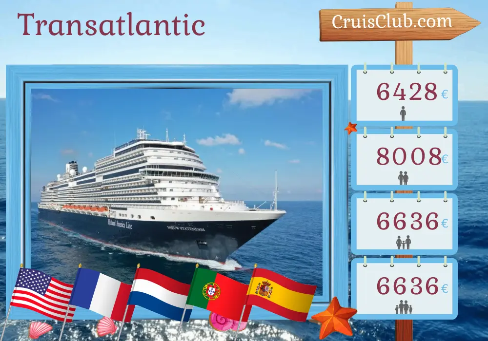 Cruise in the Transatlantic from Fort Lauderdale to Rotterdam aboard Nieuw Statendam ship with visits to USA, Bermuda, France, Guernsey, Netherlands, Portugal, Spain, and Gibraltar for 29 days