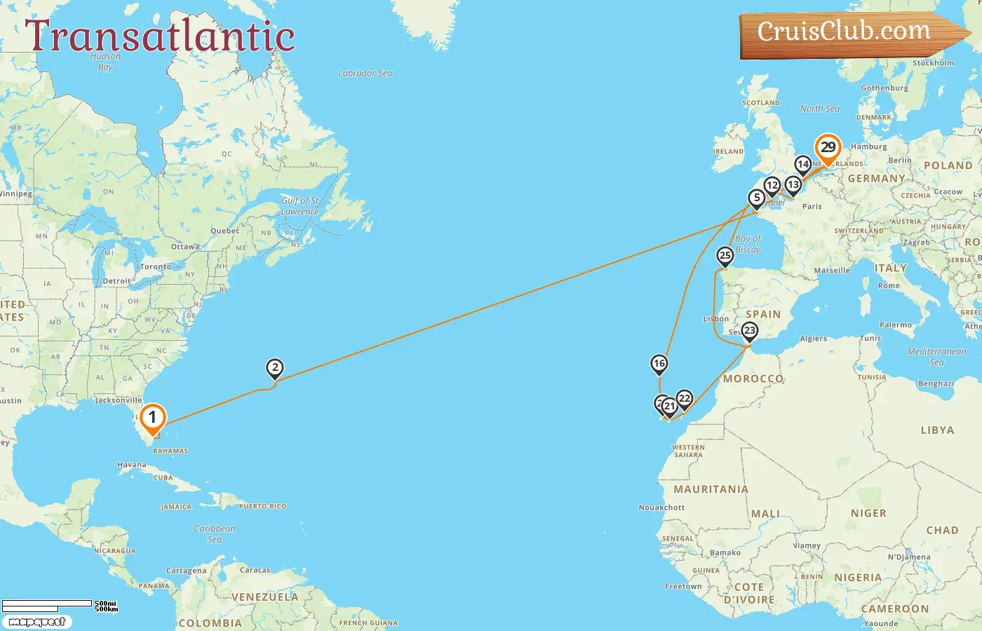 Cruise in the Transatlantic from Fort Lauderdale to Rotterdam aboard Nieuw Statendam ship with visits to USA, Bermuda, France, Guernsey, Netherlands, Portugal, Spain, and Gibraltar for 29 days