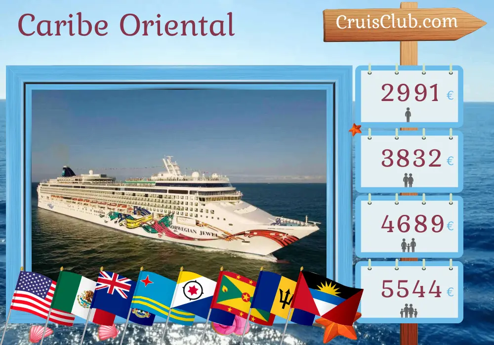 Cruzeiro no Caribe Oriental saindo de Tampa a bordo do navio Norwegian Jewel com visitas aos EUA, México, Ilhas Cayman, Aruba, Granada, Barbados e República Dominicana por 15 dias