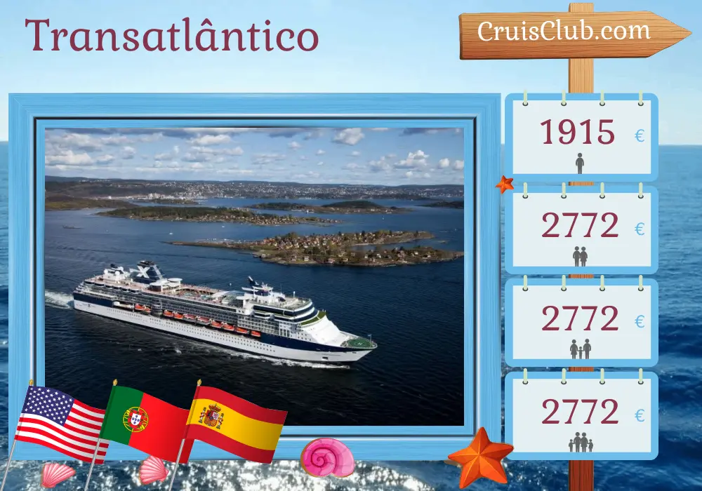 Cruzeiro Transatlântico de Tampa a Barcelona a bordo do navio Celebrity Constellation com visitas aos EUA, Bermudas, Portugal, Gibraltar e Espanha por 15 dias. Cruzeiro no Transatlântico de Tampa a Barcelona a bordo do navio Celebrity Constellation com visitas aos EUA, Bermudas, Portugal, Gibraltar e Espanha por 15 dias