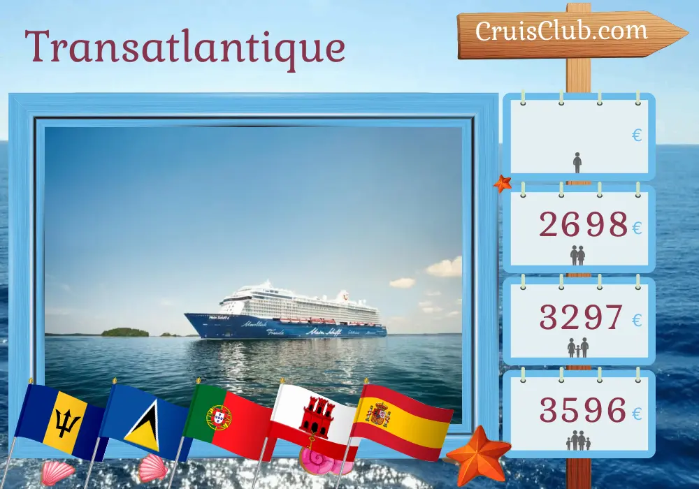 Croisière Transatlantique de La Romana à Palma à bord du navire Mein Schiff 6 avec escales en République dominicaine, Saint-Vincent-et-les-Grenadines, la Barbade, Sainte-Lucie, Portugal, Gibraltar et l`Espagne pendant 17 jours