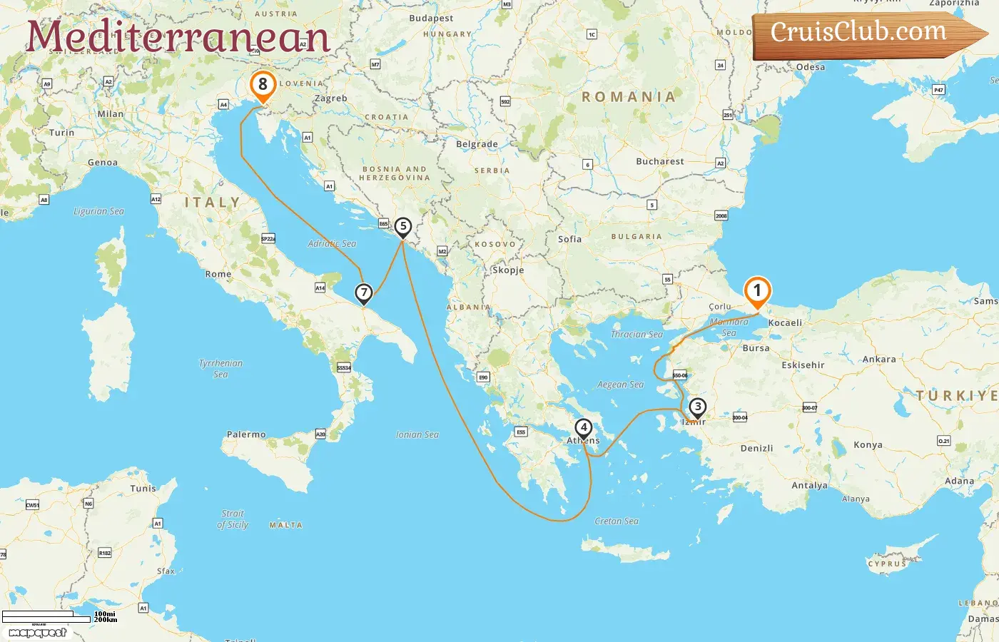 Cruise in the Mediterranean from Istanbul to Trieste aboard Costa Deliziosa ship with visits to Turkey, Greece, Croatia, and Italy for 8 days