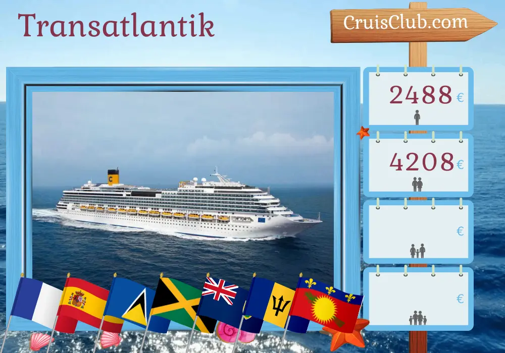 Kreuzfahrt über den Atlantik von Marseille nach Pointe-à-Pitre an Bord des Costa Pacifica-Schiffes mit Besuchen in Frankreich, Spanien, St. Lucia, der Dominikanischen Republik, Jamaika, Barbados und Guadeloupe für 25 Tage