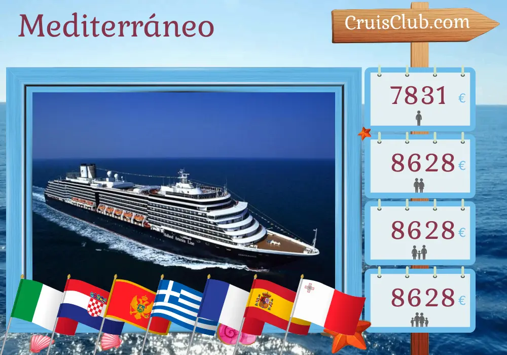 Crucero en el Mediterráneo desde Trieste hasta Civitavecchia a bordo del barco Oosterdam con visitas a Italia, Croacia, Montenegro, Grecia, Francia, España, Túnez y Malta durante 24 días