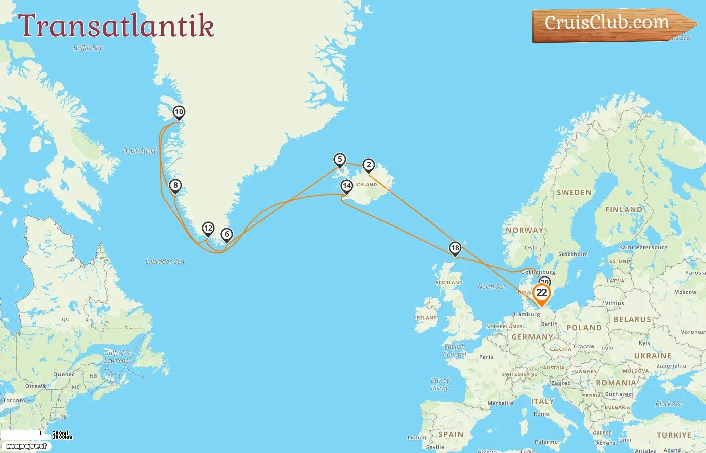 Transatlantik-Kreuzfahrt ab Warnemünde an Bord des MSC Poesia-Schiffs mit Besuchen in Deutschland, Island, Grönland und Dänemark für 22 Tage