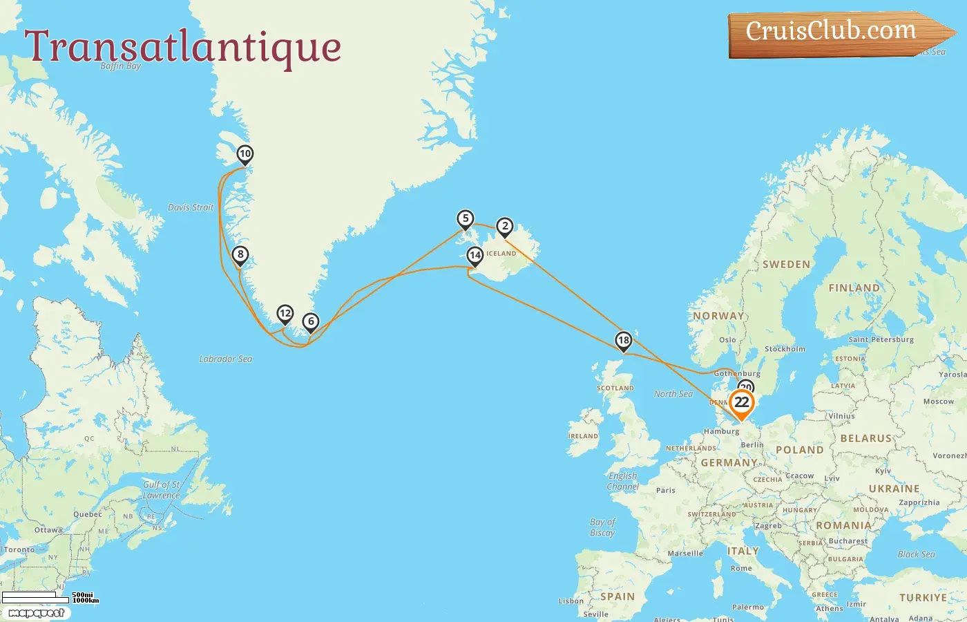 Croisière Transatlantique depuis Warnemünde à bord du navire MSC Poesia avec escales en Allemagne, en Islande, au Groenland et au Danemark pendant 22 jours