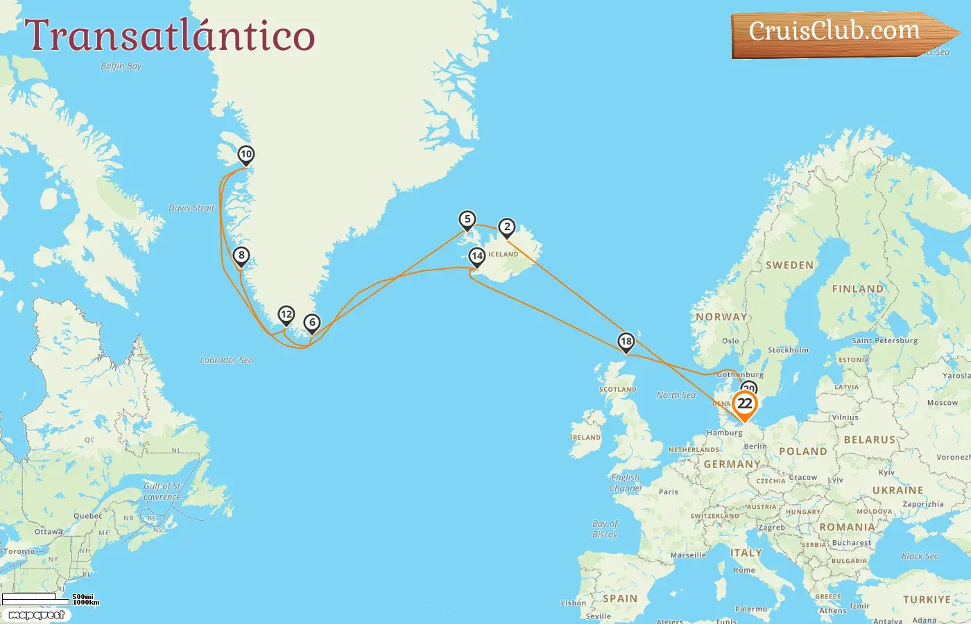 Crucero en el Atlántico desde Warnemünde a bordo del barco MSC Poesia con visitas a Alemania, Islandia, Groenlandia y Dinamarca durante 22 días