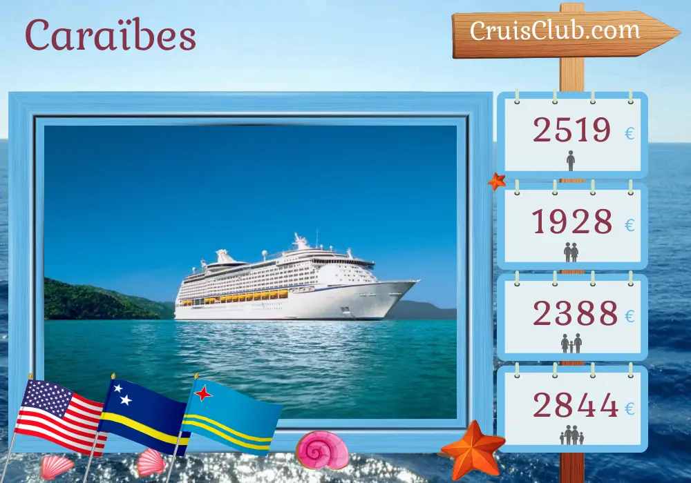 Croisière aux Caraïbes depuis Port Canaveral / Orlando à bord du navire Adventure of the Seas avec des visites aux États-Unis, à Curaçao, Aruba et Haïti pendant 9 jours