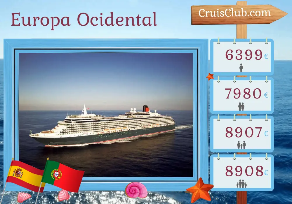 Cruzeiro na Europa Ocidental a partir de Southampton a bordo do navio Queen Victoria com visitas à Espanha e Portugal por 16 dias