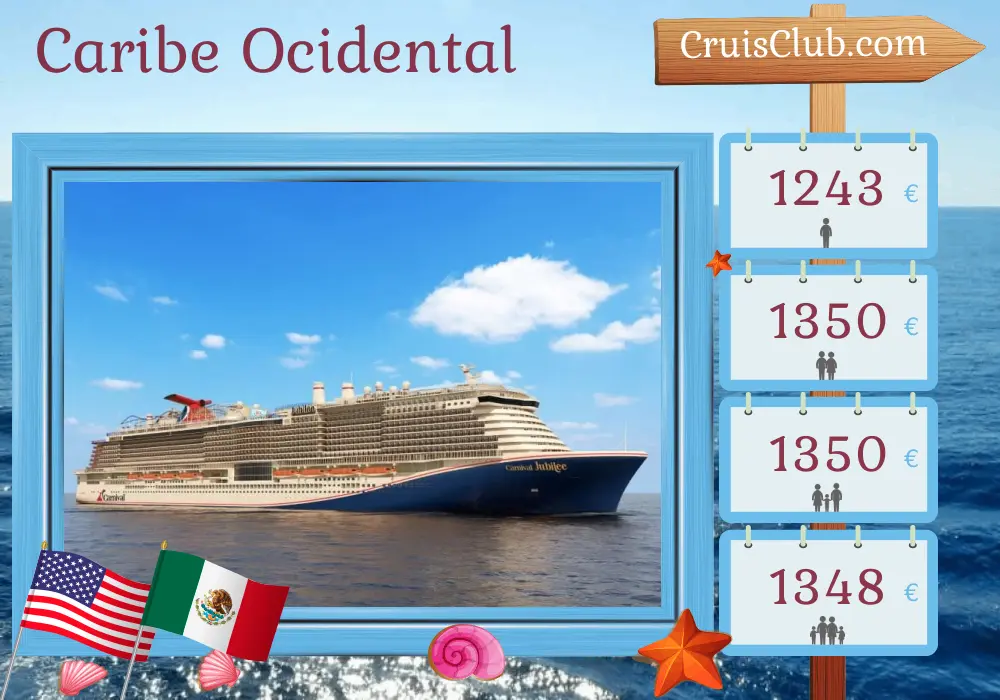 Cruzeiro no Caribe Ocidental saindo de Galveston a bordo do navio Carnival Jubilee com visitas aos Estados Unidos, México e Honduras por 8 dias