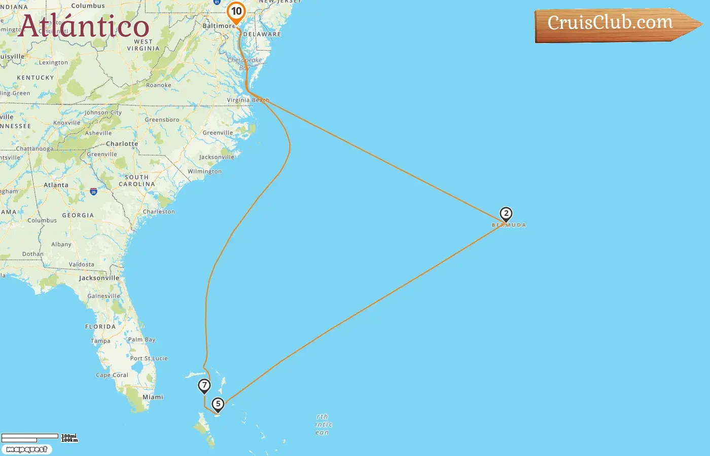 Crucero en el Atlántico desde Baltimore a bordo del barco Vision of the Seas con visitas a EE. UU., Bermudas y Bahamas durante 10 días