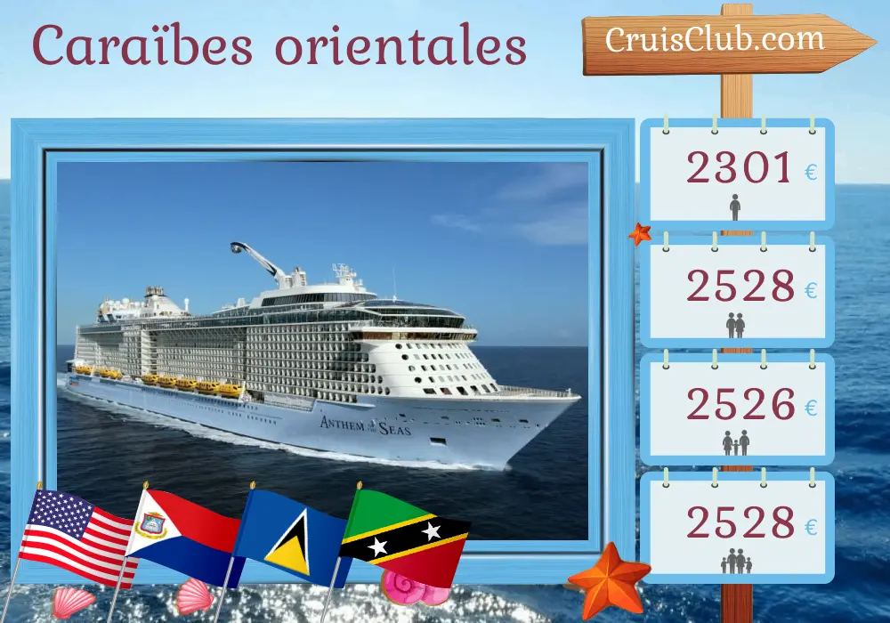 Croisière dans les Caraïbes orientales au départ de Cape Liberty / New York à bord du navire Anthem of the Seas avec des escales aux États-Unis, à Sainte-Lucie et à Saint-Christophe-et-Niévès pendant 12 jours