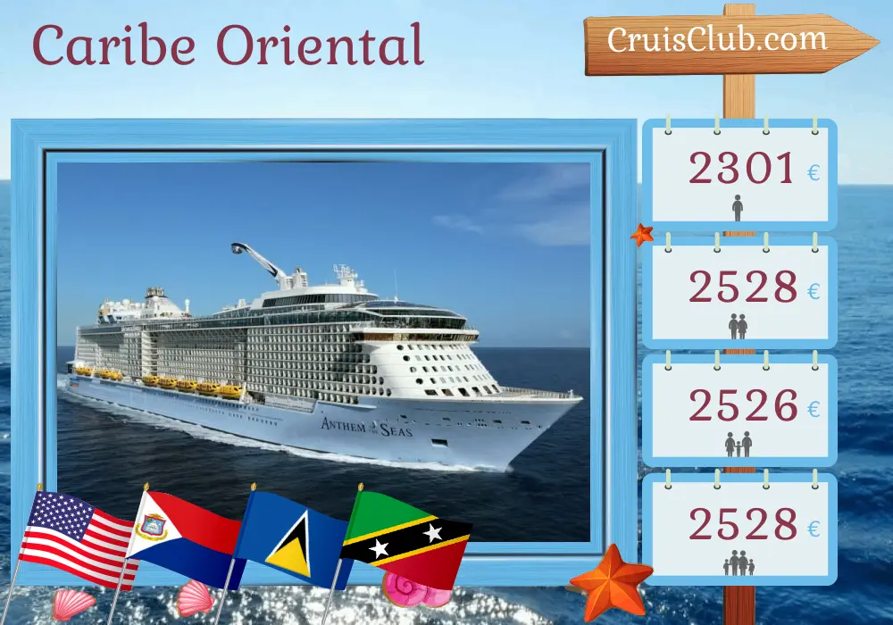 Cruzeiro no Caribe Oriental saindo de Cape Liberty / Nova York a bordo do navio Anthem of the Seas com visitas aos EUA, Santa Lúcia e São Cristóvão e Nevis por 12 dias