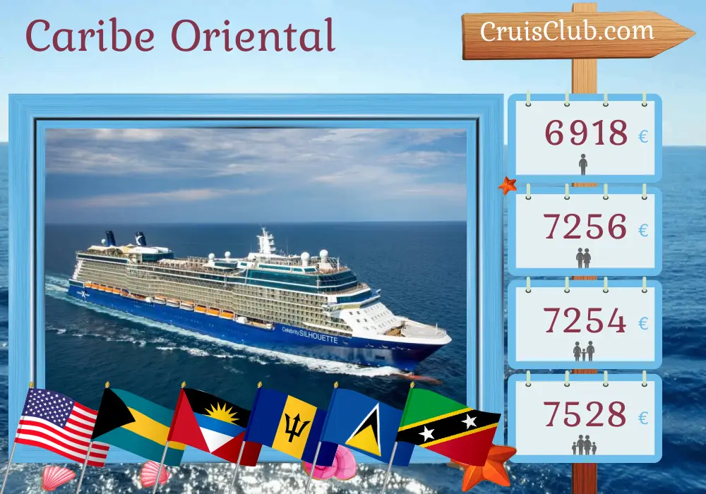 Cruzeiro no Caribe Oriental a partir de Fort Lauderdale a bordo do navio Celebrity Silhouette com visitas aos Estados Unidos, Bahamas, Barbados, Santa Lúcia, São Cristóvão e Nevis, Porto Rico e República Dominicana durante 12 dias