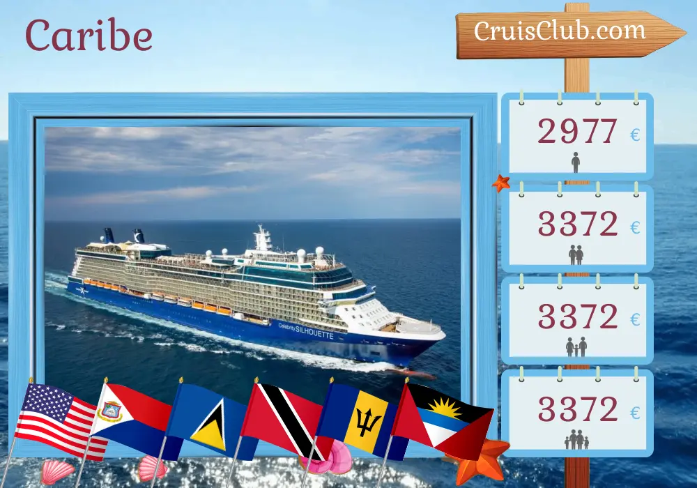 Cruzeiro no Caribe saindo de Fort Lauderdale a bordo do navio Celebrity Silhouette com visitas aos Estados Unidos, Santa Lúcia, Trinidad e Tobago e Barbados por 11 dias