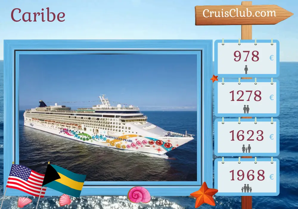 Cruzeiro no Caribe, saindo de Miami a bordo do navio Norwegian Pearl com visitas aos EUA e Bahamas por 5 dias