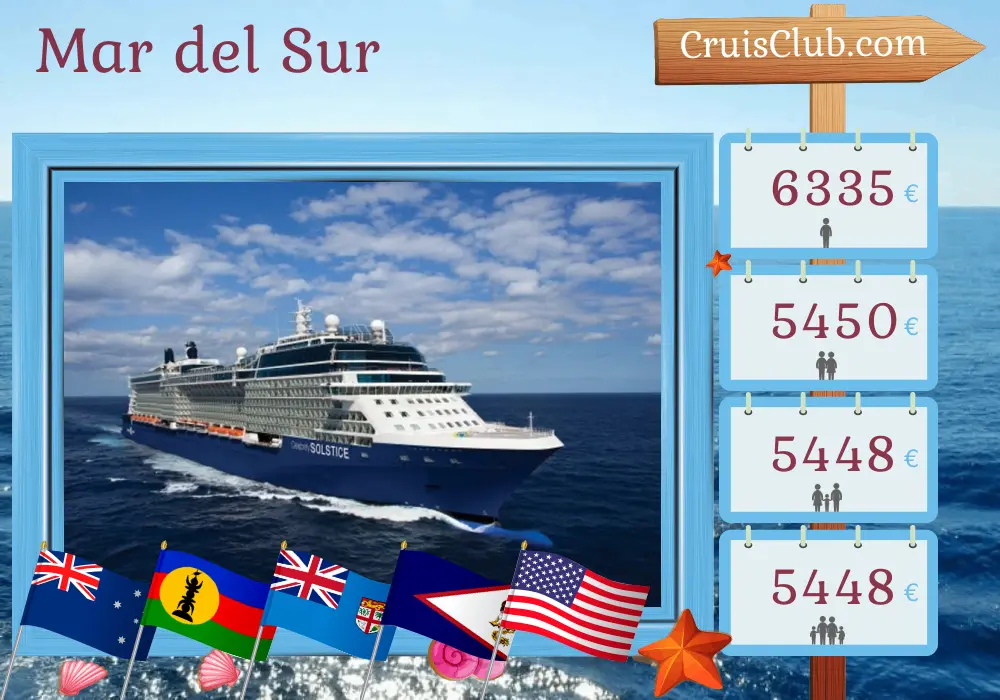 Crucero por el Mar del Sur desde Sídney a Honolulu a bordo del barco Celebrity Solstice con visitas a Australia, Nueva Caledonia, Vanuatu, Fiji, Samoa y Estados Unidos durante 18 días