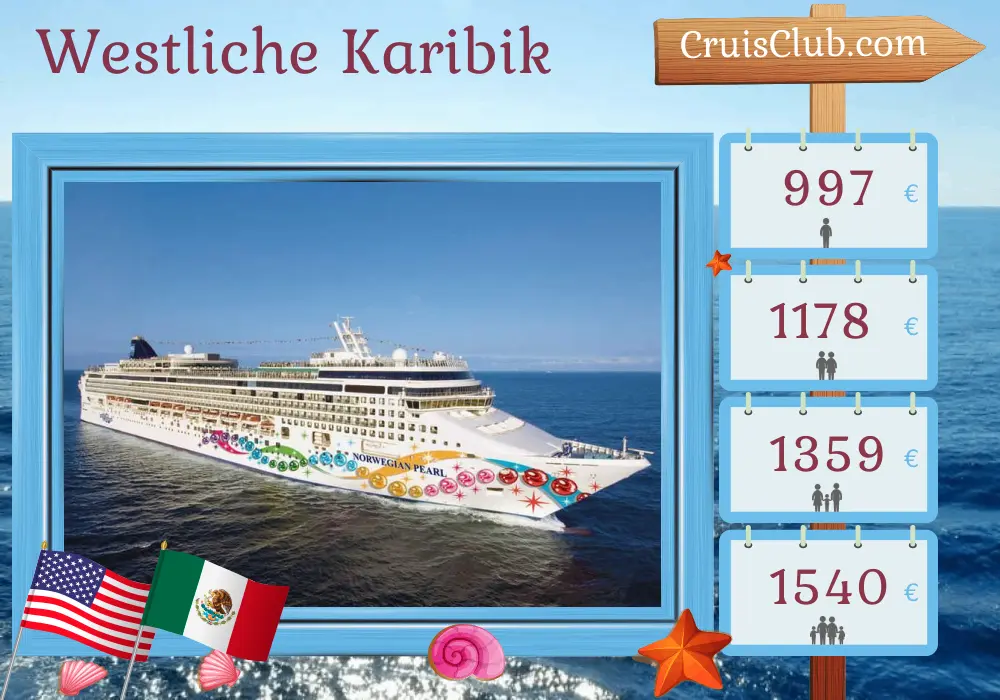 Kreuzfahrt in der westlichen Karibik ab Miami an Bord des Norwegian Pearl Schiffs mit Stopps in den USA, Belize und Mexiko für 6 Tage