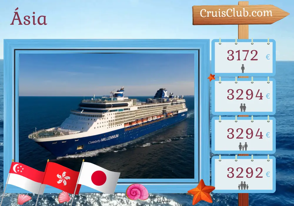 Cruzeiro na Ásia de Singapura a Yokohama a bordo do navio Celebrity Millennium com visitas a Singapura, Vietnã, Hong Kong, Taiwan e Japão por 13 dias