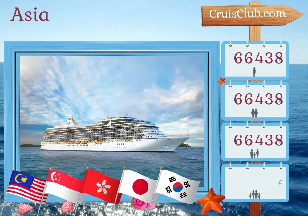 Crucero en Asia desde Abu Dhabi hasta Yokohama a bordo del barco Riviera con visitas a Emiratos Árabes Unidos, Qatar, Omán, India, Maldivas, Sri Lanka, Tailandia, Malasia, Indonesia, Singapur, Brunei Darussalam, Filipinas, Viet Nam, Camboya, Hong Kong, Taiwán, Japón, China y Corea del Sur durante 83 días