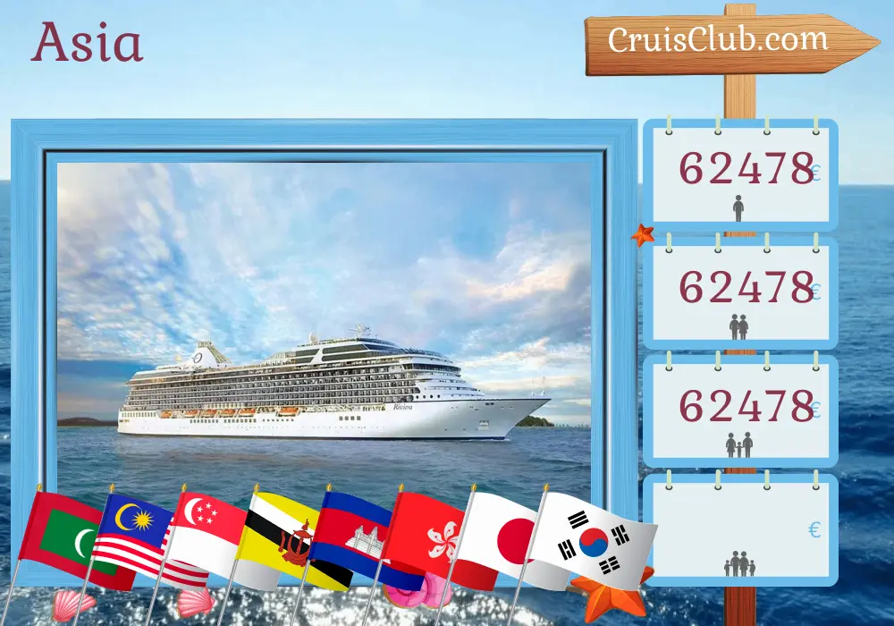 Crucero en Asia desde Mumbai a Yokohama a bordo del barco Riviera con visitas a India, Maldivas, Sri Lanka, Tailandia, Malasia, Indonesia, Singapur, Brunei Darussalam, Filipinas, Vietnam, Camboya, Hong Kong, Taiwán, Japón, China y Corea del Sur durante 73 días