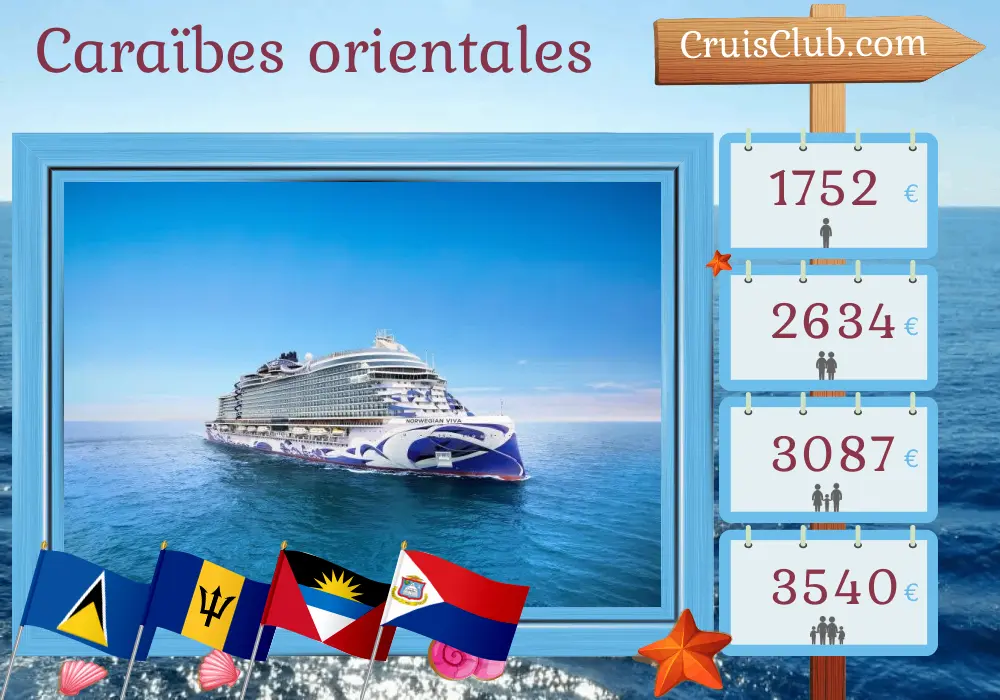 Croisière dans les Caraïbes orientales au départ de San Juan à bord du navire Norwegian Viva avec des escales à Puerto Rico, aux îles Vierges britanniques, à Sainte-Lucie et à la Barbade pendant 8 jours