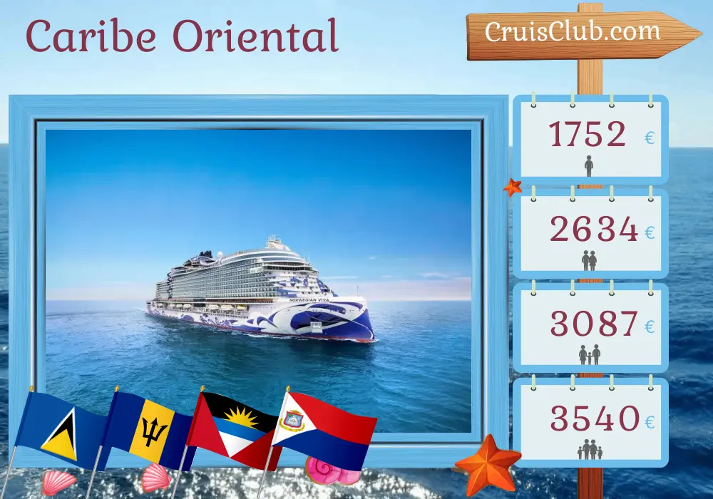 Cruzeiro no Caribe Oriental de San Juan a bordo do navio Norwegian Viva, visitando Porto Rico, Ilhas Virgens Britânicas, Santa Lúcia e Barbados por 8 dias