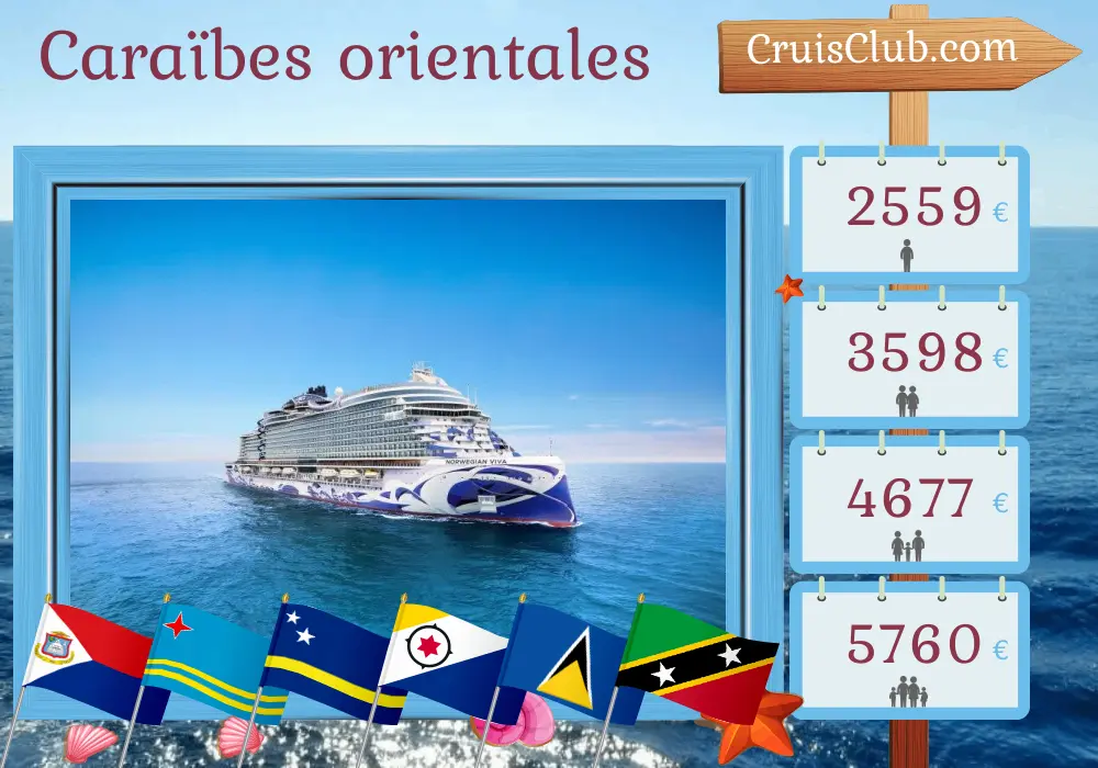 Croisière dans les Caraïbes de l`Est au départ de San Juan à bord du navire Norwegian Viva avec des escales à Porto Rico, Aruba, Curaçao, Sainte-Lucie et Saint-Kitts-et-Nevis pendant 10 jours