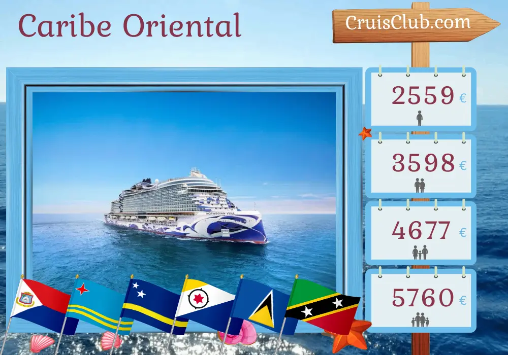 Cruzeiro no Caribe Oriental a partir de San Juan a bordo do navio Norwegian Viva com visitas a Porto Rico, Aruba, Curaçao, Santa Lúcia e São Cristóvão e Névis por 10 dias