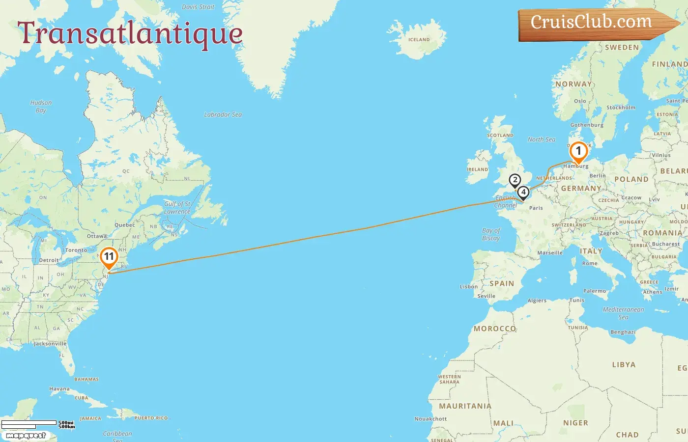 Croisière transatlantique de Hambourg à New York à bord du paquebot Queen Mary 2 avec escales en Allemagne, en France et aux États-Unis pendant 11 jours