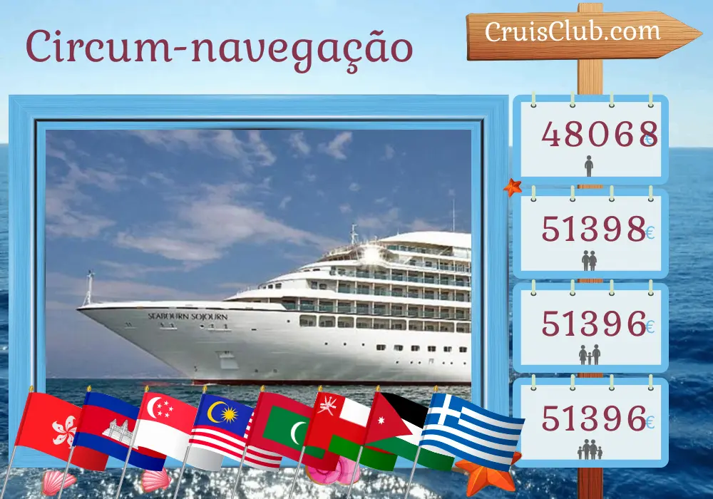 Cruzeiro no tour mundial de Shanghai a Piraeus a bordo do navio Seabourn Sojourn com visitas à China, Hong Kong, Vietnã, Camboja, Tailândia, Singapura, Malásia, Sri Lanka, Maldivas, Omã, Egito, Jordânia, Israel, Grécia e Turquia por 57 dias