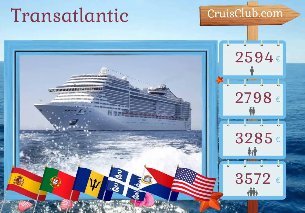 MSC Divina Transatlantic Cruise from Valencia to Miami, visiting Spain, Portugal, Barbados, Martinique, Puerto Rico, and the USA for 18 days