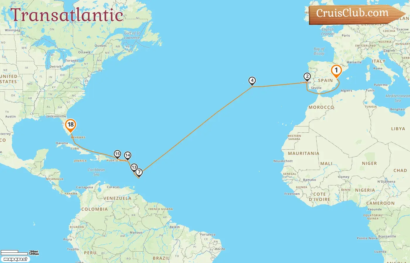 MSC Divina Transatlantic Cruise from Valencia to Miami, visiting Spain, Portugal, Barbados, Martinique, Puerto Rico, and the USA for 18 days