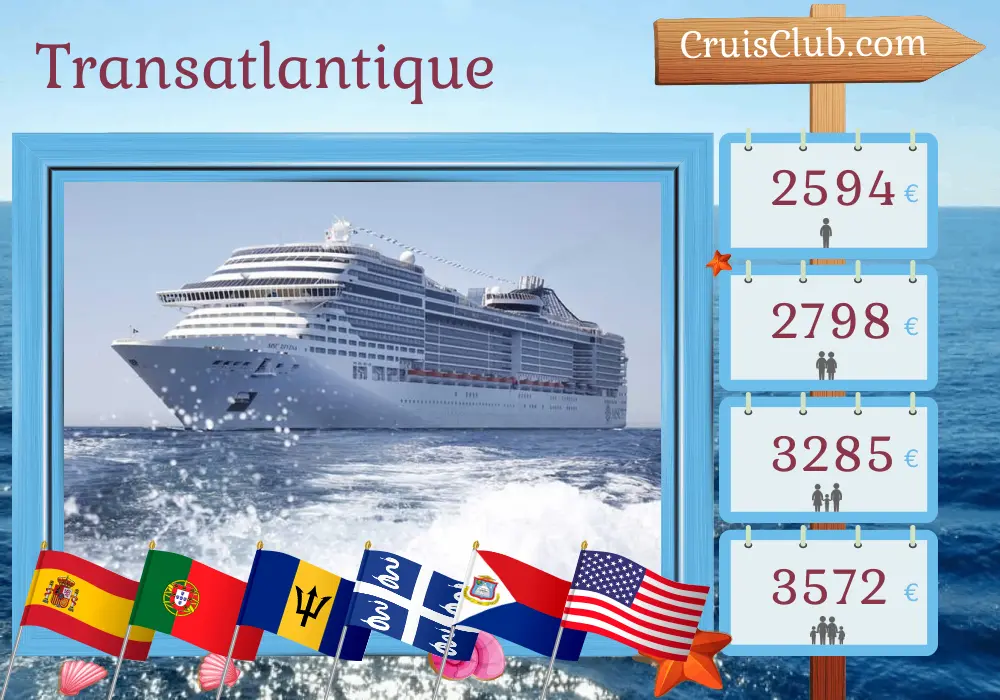 Croisière en Transatlantique de Valence à Miami à bord du navire MSC Divina avec visites en Espagne, Portugal, Barbade, Martinique, Porto Rico et aux États-Unis pendant 18 jours