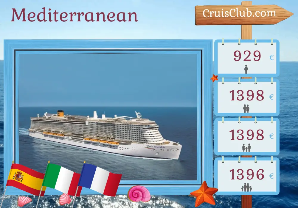 Mediterranean Cruise aboard Costa Smeralda with visits to Spain, Italy, and France for 8 days